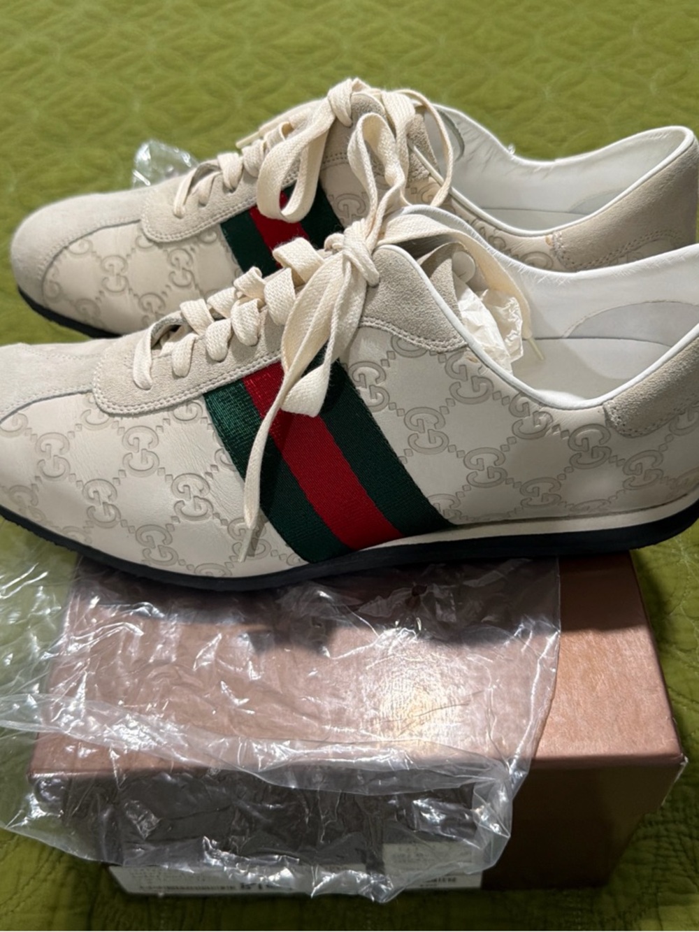 Gucci Cream Monogram Lace-Up Sneakers with Red & Green Web Stripe - Picture 4 of 6